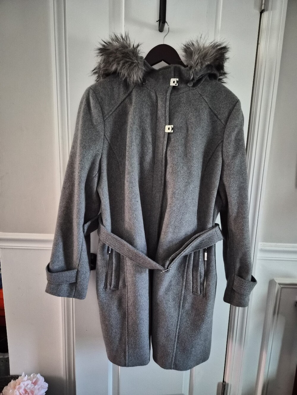 Calvin Klein Wool-Blend Hooded Coat with Faux-Fur Trim - Gray
